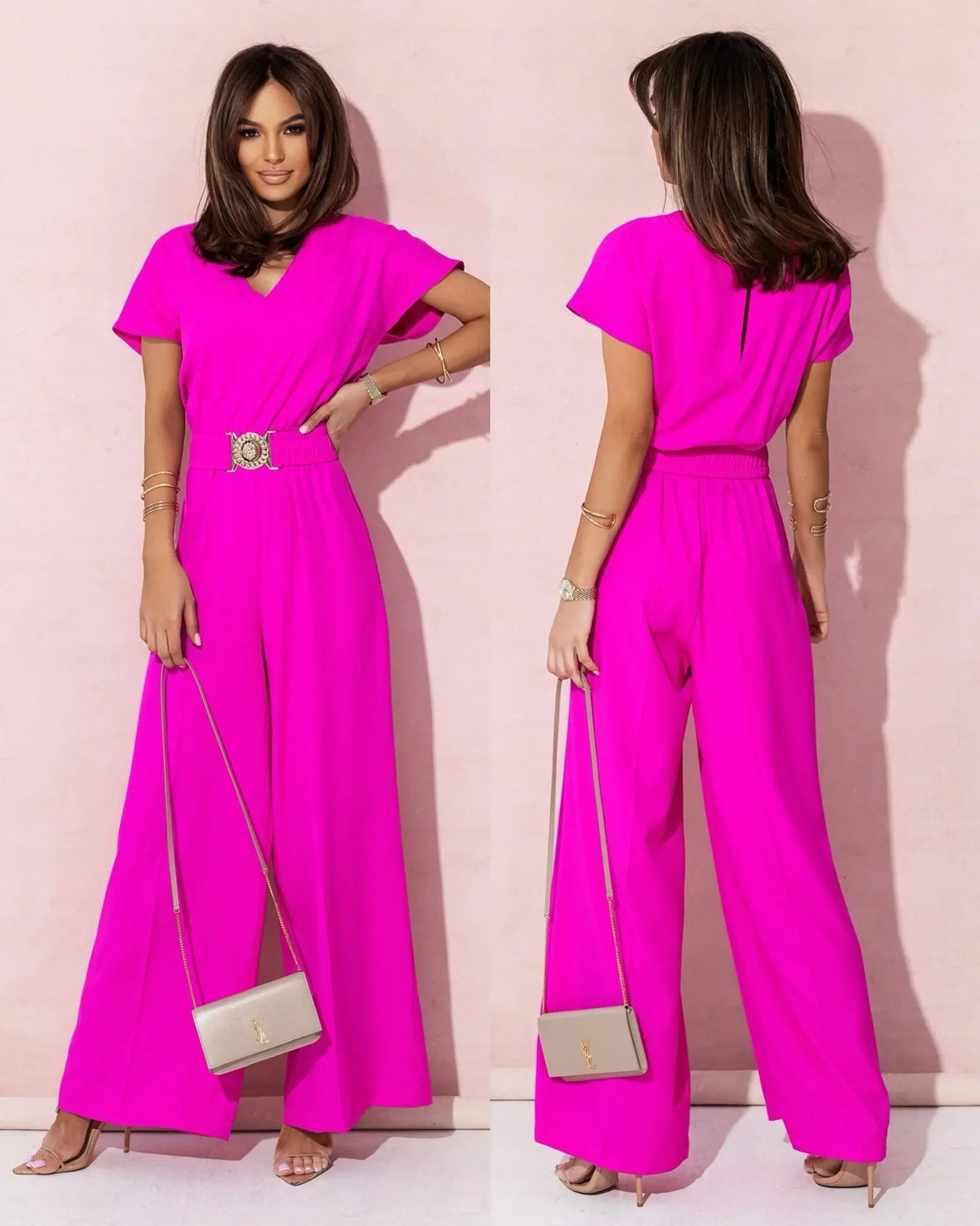 Fashion V-neck Short Sleeve High Waist Jumpsuit Women 2024 Summer Solid Wide Leg Elegant Romper Vintage Jumpsuits Overalls Women