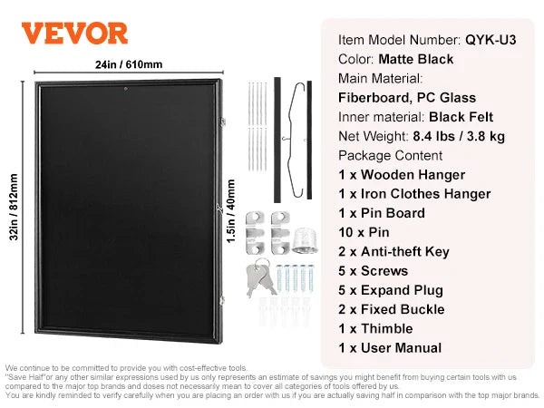 VEVOR Jersey Display / Sports Card Display Frame Case, Large Lockable Sport Shadow Box, 98% UV Protection PC Glass and Hangers