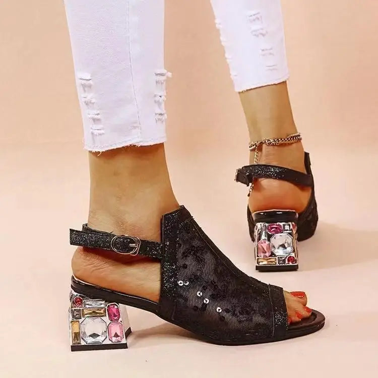 2023 New Women Summer Fashion Mid Heels Peep Toe Shoes for Women Glitter Sandals Ladies Buckle Strap Bling Rhinestone Sandals