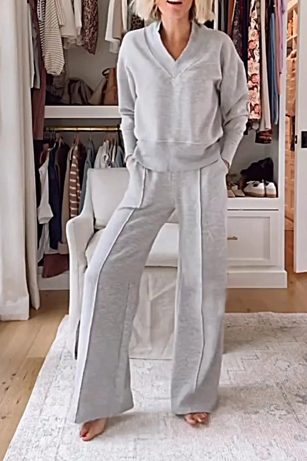 Autumn Winter Casual V-neck Long Sleeve Sweatshirt Wide Leg Pant Sets Women Solid Loose Pocket Trousers Sports 2-pieces Sets