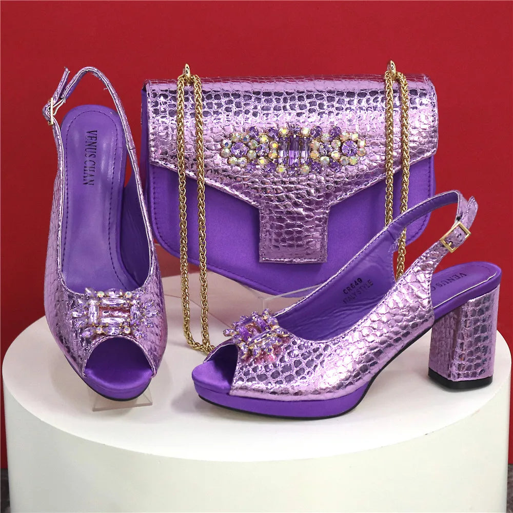 Women's Open Toe Heels Fashionable Rhinestone Decoration Shoe and Bag Set