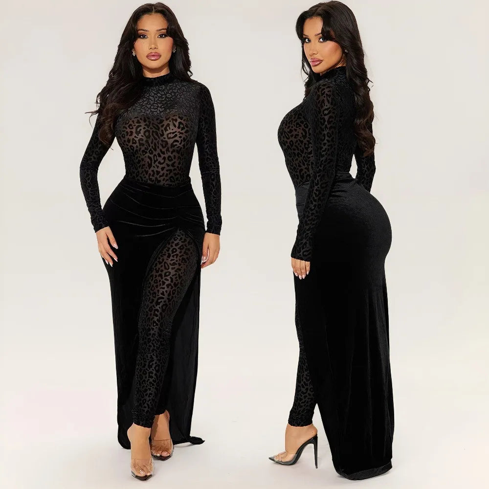 CM.YAYA Women's Set Leopard Velvet Long Sleeve Jumpsuits +Long Skirts 2025 Spring Streetwear Sexy Party Two 2 Piece Sets Outfits