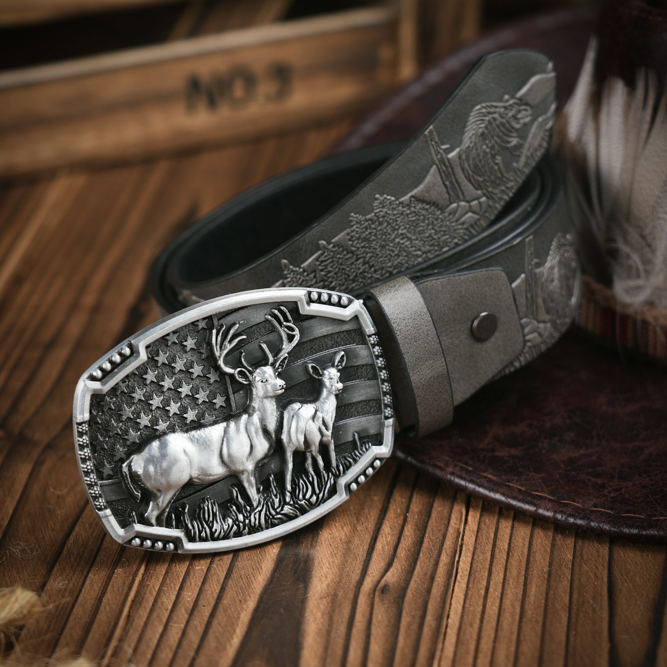 Wild Stag Belt Buckle Bronze Deer Western Cowboy PU Leather Belt