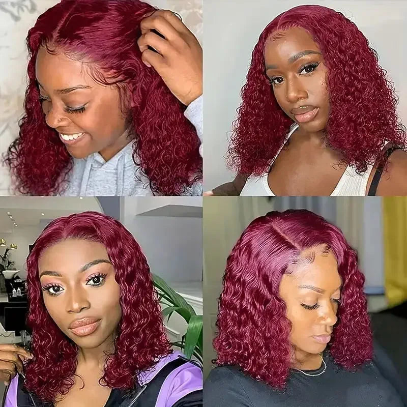 99J Burgundy Color 14Inch Water Wave 13x4 Bob Wig For Women Brazilian Pre Plucked Transparent Lace Human Hair Bob Wigs