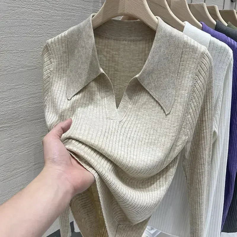 New 2025 Women's Turn-down Collar Long Sleeve Knitted Shirts Tops Solid Thin Sweater Female Elegant Knitwear Jumper Pullovers