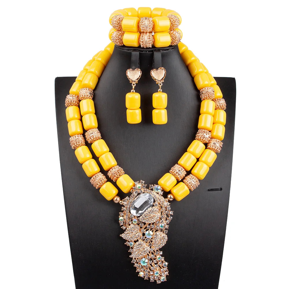 Artificial Coral Women Pendant Necklace Bracelets Earrings Suit African Wedding Jewelry Set Nigeria Bride Accessories Party Gift