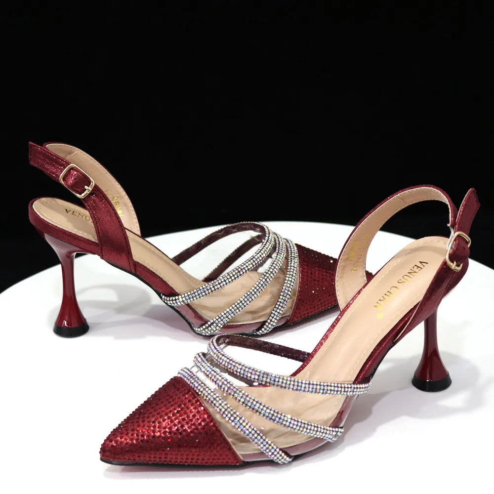 Venus Chan Shoes for Women 2023 Pointed Toe Black Heels Rhinestone Chain Party Sandals Italian Shoes and Bags Matching Set 2023