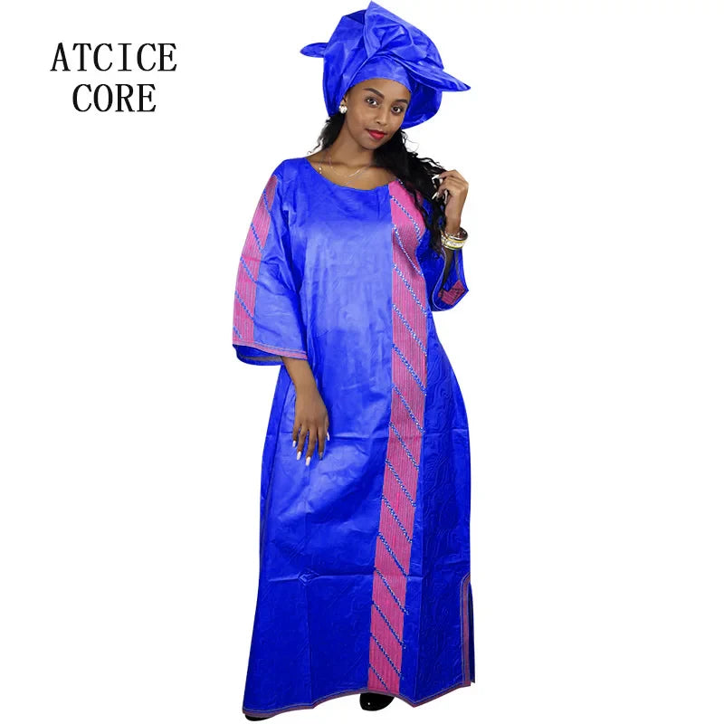 African Bazin Riche Embroidery For Women Long Dress With Scarf