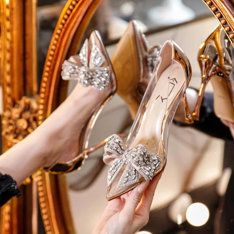 Spring and Autumn New Transparent High Heels Pointed Diamond Decorated Bow Fashion Sexy Banquet Stiletto Women's Shoes