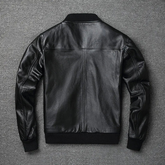 Black Genuine Leather Bomber Jacket for Men – Premium Cowhide