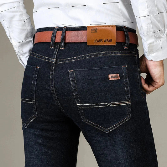 Men's Classic Fitted Stretch Jeans Business Casual Cotton Denim Straight Leg Pants