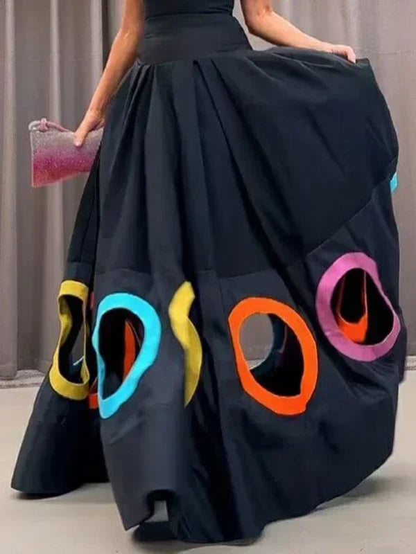 2025 Summer Women Elegant Party Evening Maxi Dresses Fashion Rainbow Printed Circle Hollow Out High Waist A-line Long Dress