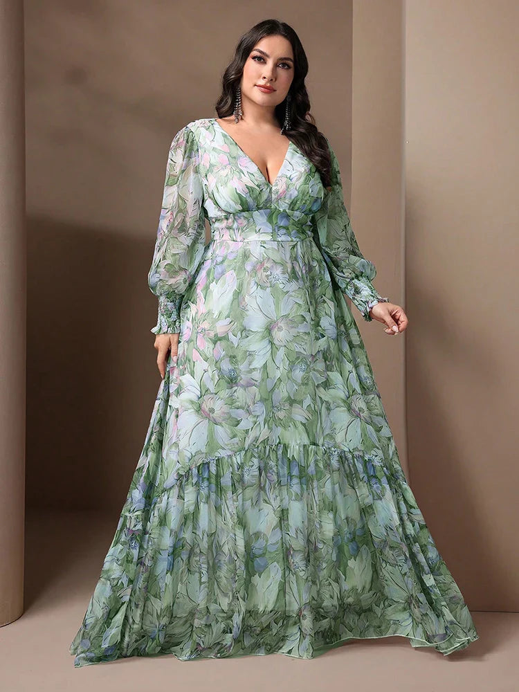 TOLEEN Plus Size Women V-Neck Lantern Sleeve Ruffle 2024 Spring Summer Casual Elegant Floral Print Vacation Party Long Dresses