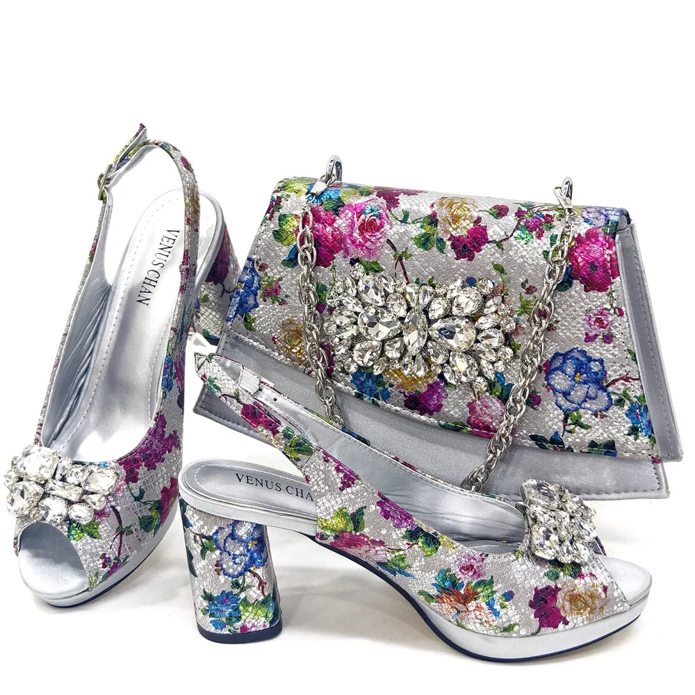 Venus Chan Italian Sandals and Bags Matching Set 2024 Women Heel Party for Gold Colour Wedding Bigger Size Thick Heel Shoes