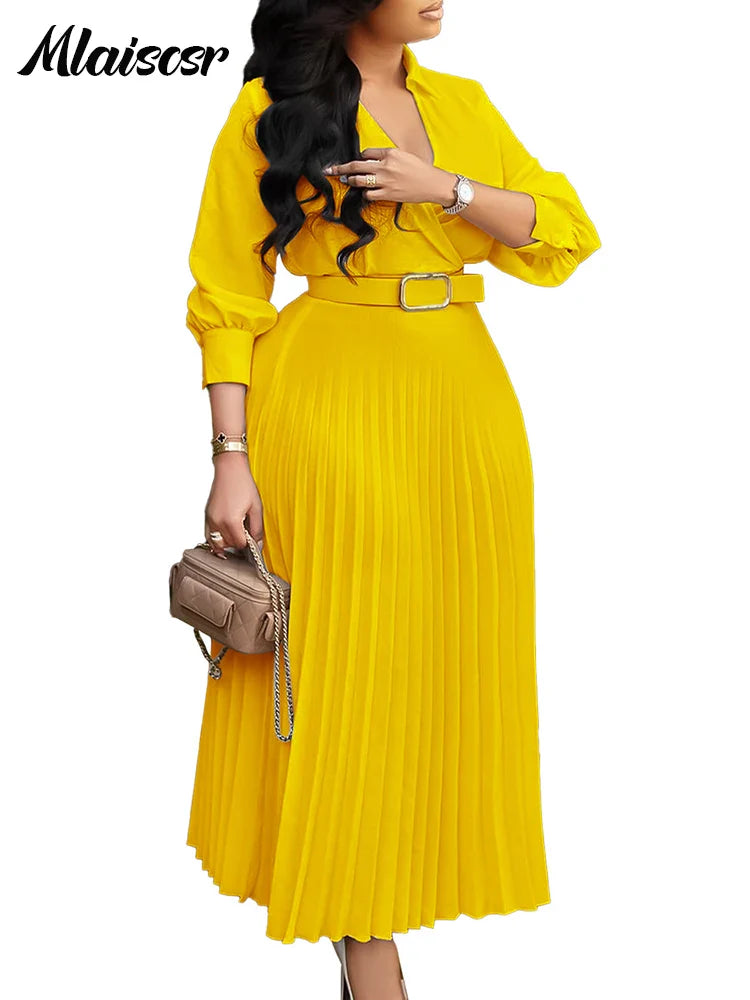 Mlaiscsr Purple Fashion Belt V-Neck Long Sleeve A-Line Pleated Dress Women Elegant Slim Evening Party Club Vestidos African Robe
