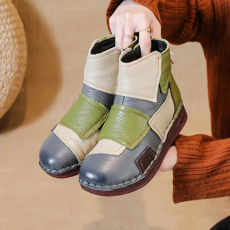 Winter Genuine Leather Flat-soled women shoes Casual shoes women Boots Color Matching Short Boots Warm Comfortable Cotton Shoes