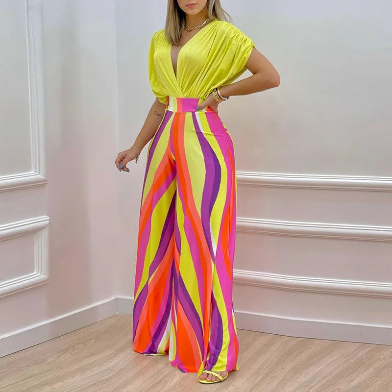 Summer New Printed Pants Sets Women Fashion Raglan Sleeves V-neck Cropped Top High Waist Wide Legs Trousers Two Piece Set Female