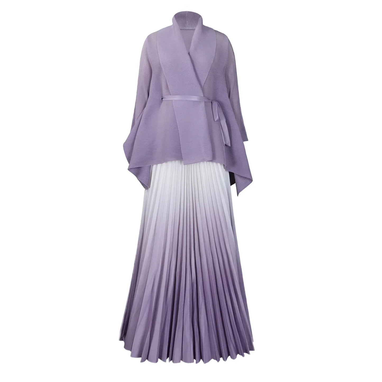 CM.YAYA Gradient Women's Set Full Sleeve Belt Blouse Shirt and Pleated Long Skirts Suit Street Two 2 Piece Set Outfit Tracksuit
