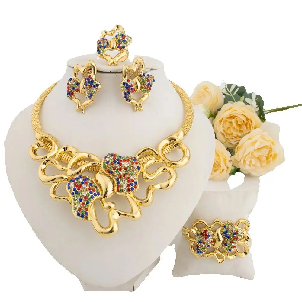 Dubai Gold Plated Jewelry Set Women Luxurious Necklace Earrings Bracelet Ring 4pcs Bride Wedding Party Jewelry Set Gift