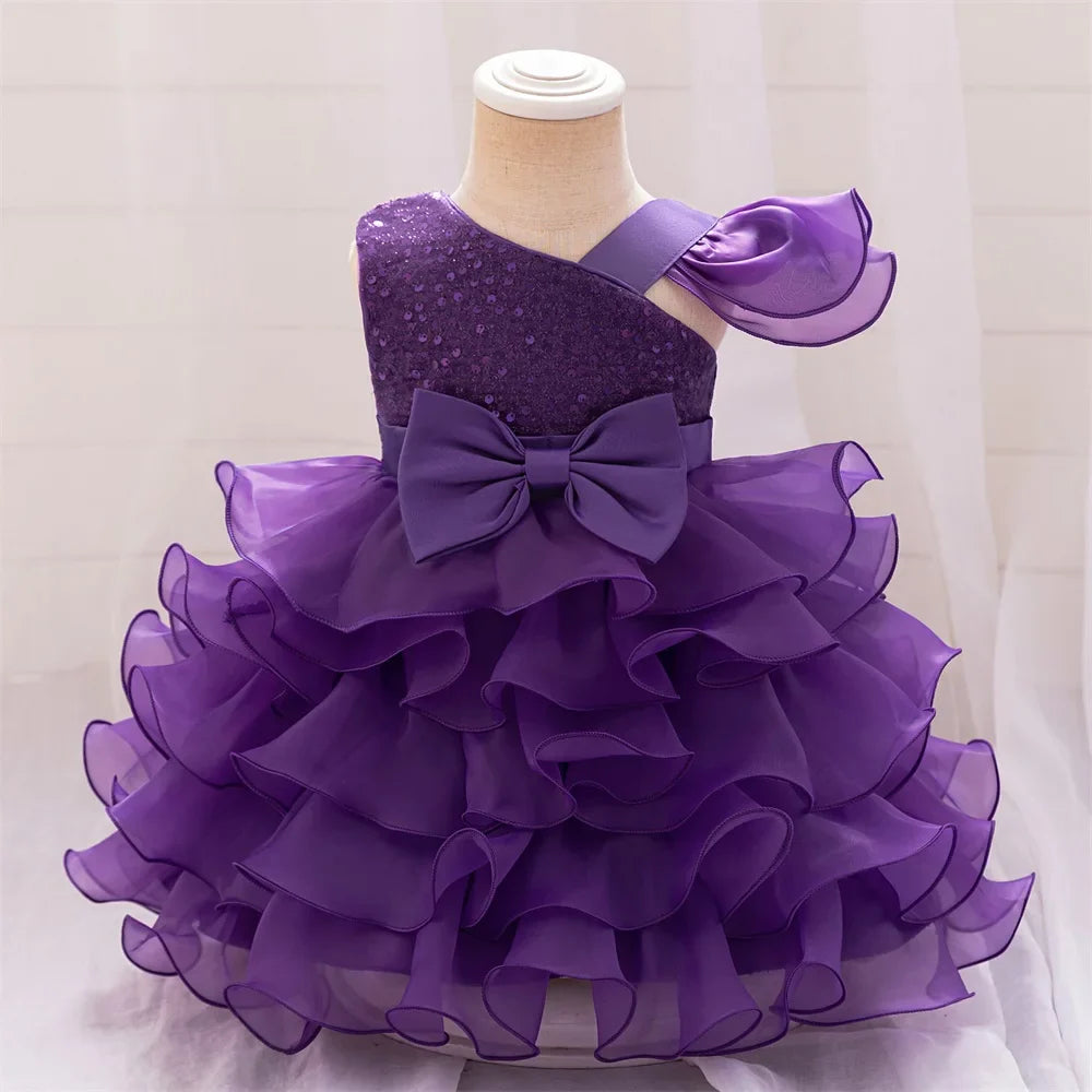Luxury Baby Sequin Party Dress For Girl Christmas Toddler Layered Bow 1st Birthday Wedding Girl Dresses Formal Lace Baby Clothes