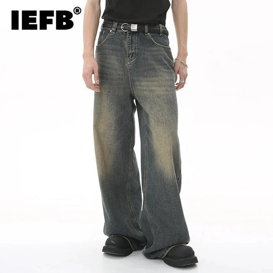 Men's Denim Pants Old Blue Washed Male Jeans Straight Loose Wide Leg