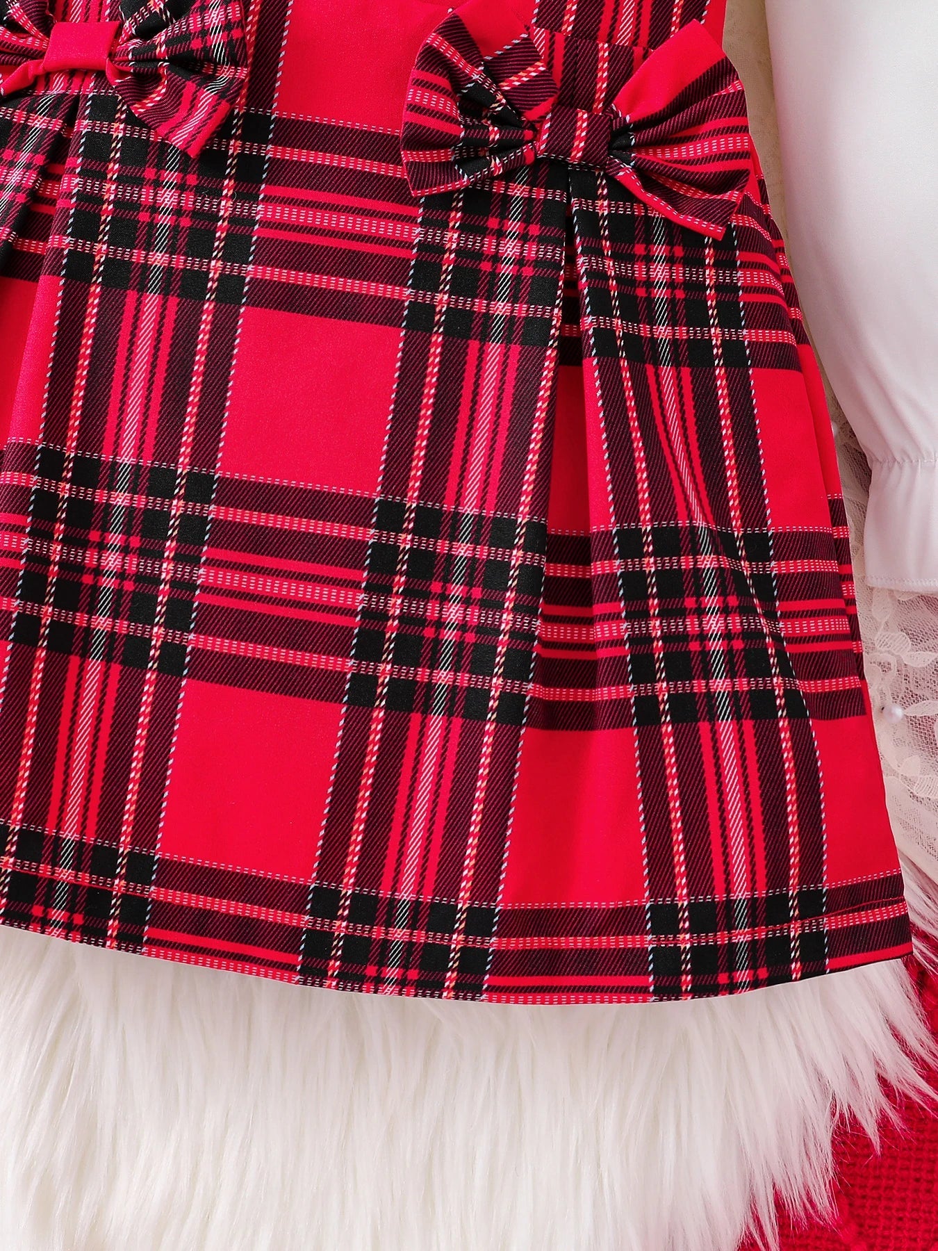 Children's Spring and Autumn New Girl Fashion Cute Three Piece Set Knitted Red Tank Top+Lace Collar Lining+Checkered Half Skirt