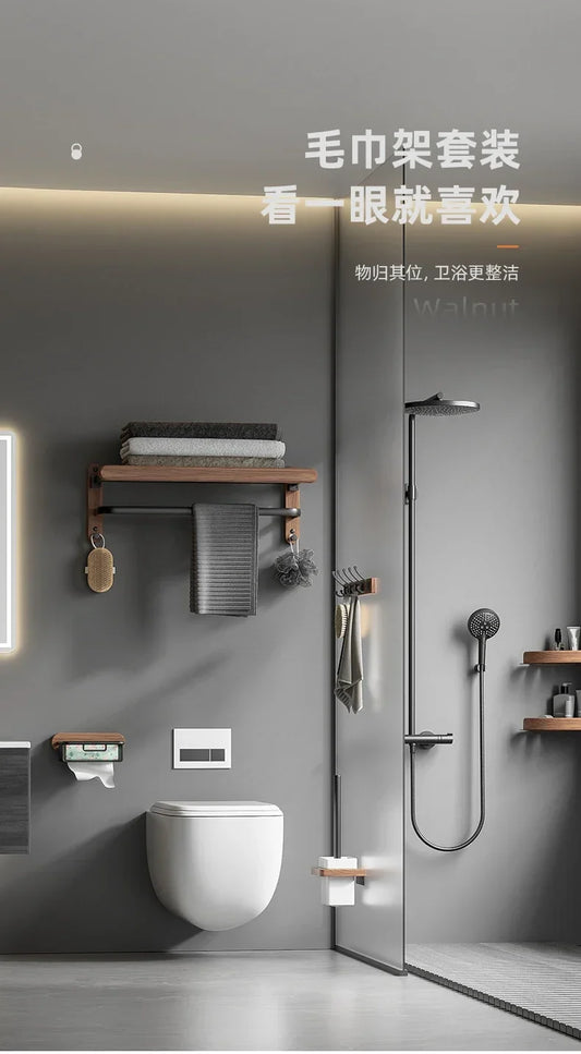 Modern Wooden Bathroom Wall Storage Rack – Shelves, Towel Bar & Hooks Set