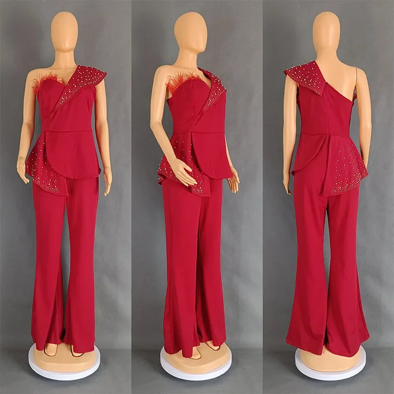CM.YAYA Vintage Pearl Feather Sleeveless Patchwork Women Party Evening Prom Straight Jumpsuits 2024 Summer Sexy Playsuit Outfit