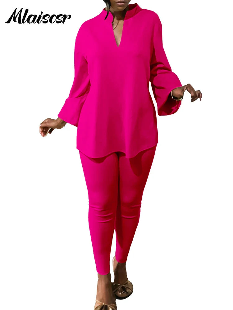 Mlaiscsr Causal Solid 2 Piece Set Women V Neck Loose Fit Tops and Legging Jogger Pants Suit Stretwear Birthday Tracksuits Outfit