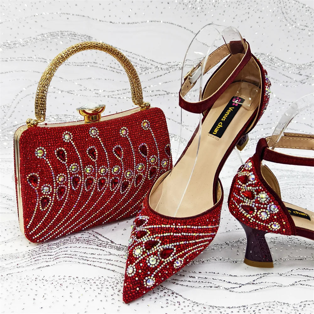 Women's Elegant Rhinestone Pointed Toe Pumps With Matching Shoes And Bag Set
