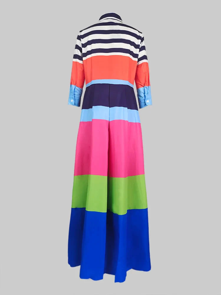 Modigirl Women's Contrast Color Striped Shirt Dress 2024 Summer Autumn Casual Pleated Dress Vacation Woman Dresses