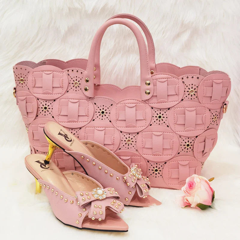 2022 Rivet Style Women Shoes and Bag to Match in Color matching High Quality Nigerian Design Matching Shoes and Bag