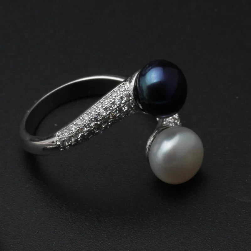Beautiful Natural Double Pearl Rings For Women,Wedding 925 Silver Pearl Ring Adjustable Wife Mother Birthday Gift White Black