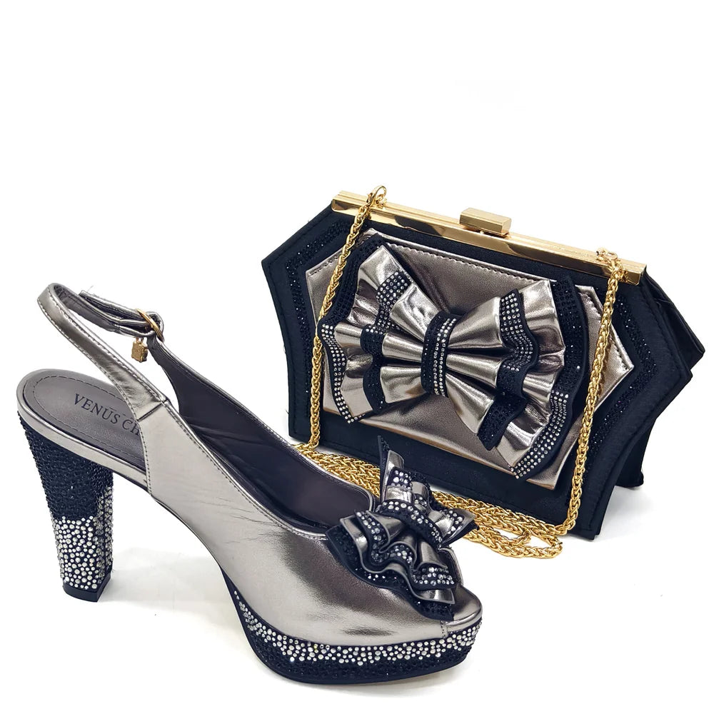 Venus Chan Open Toe Women Heels for 2024 Elegant Party Green Color Diamond Pumps Italian Shoes and Bags Matching Set