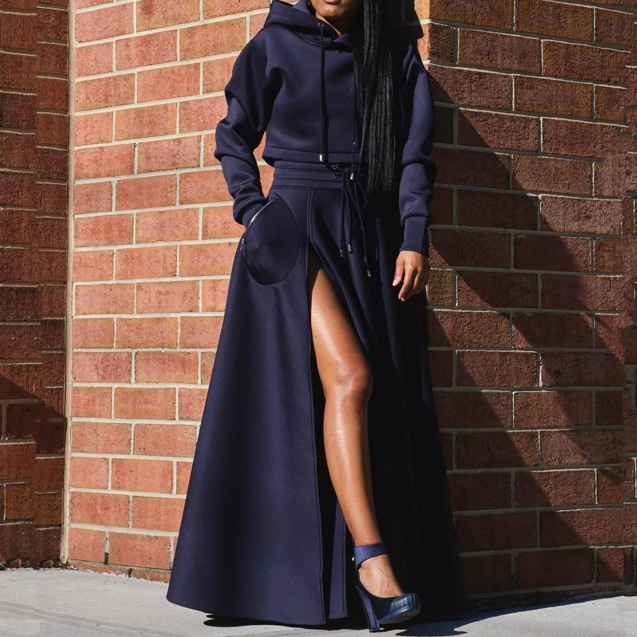 CM.YAYA Fashion Women's Set Long Sleeve Hooded Sweatshirt and High Side Split A-line Maxi Skirt Suit 2024 Two 2 Piece Set Outfit