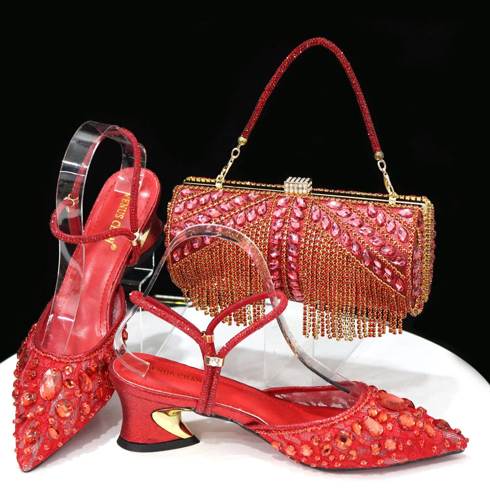 Venus Chan 2023 Newest INS Style Lace Elegant High Heels Pointed-Toe Nigeria Popular Design African Ladies Shoes And Bag Set