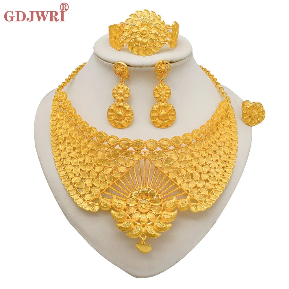 Indian Dubai Gold Color Jewelry Sets For Women Earring & Necklace Nigeria Moroccan Bridal Wedding Party Gifts