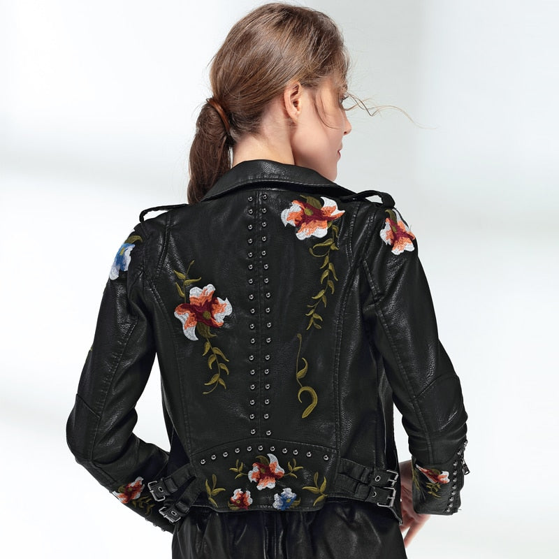 Floral Print Embroidery Faux Soft Leather Jacket Coat Turn-down Collar Casual Pu Motorcycle Black