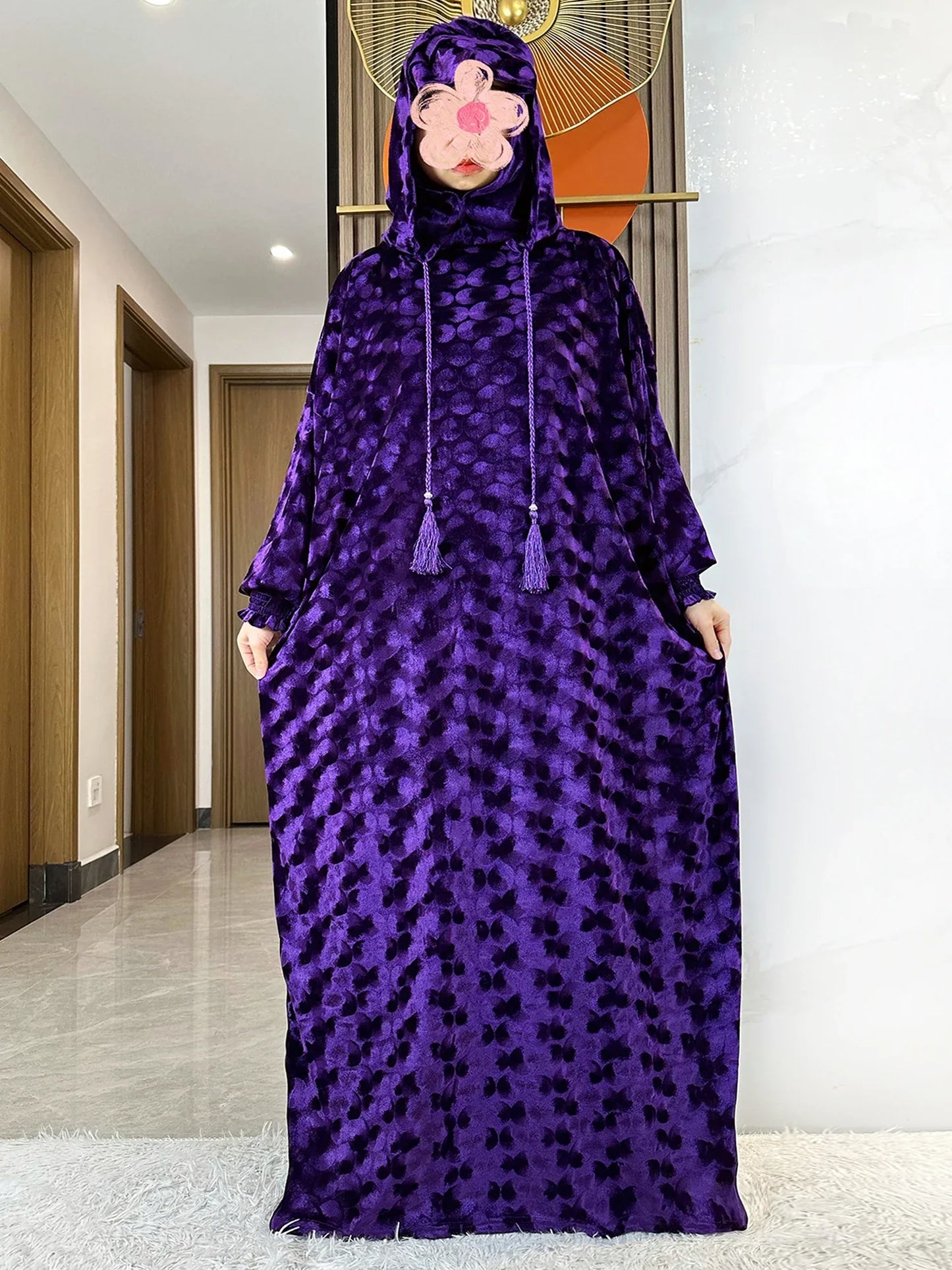 High Quality Velvet Fabric 2025 Ramadan Muslim Lady's Abaya Two-Hats Dubai Turkey Style Islamic Prayer Clothing Kaftan Dress