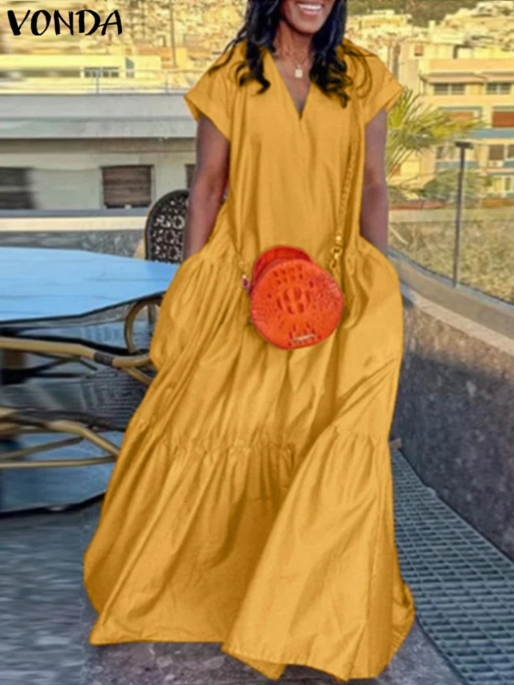 Plus Size Women Bohemian Dress Summer Sundress Solid Color Casual Short Sleeve Party