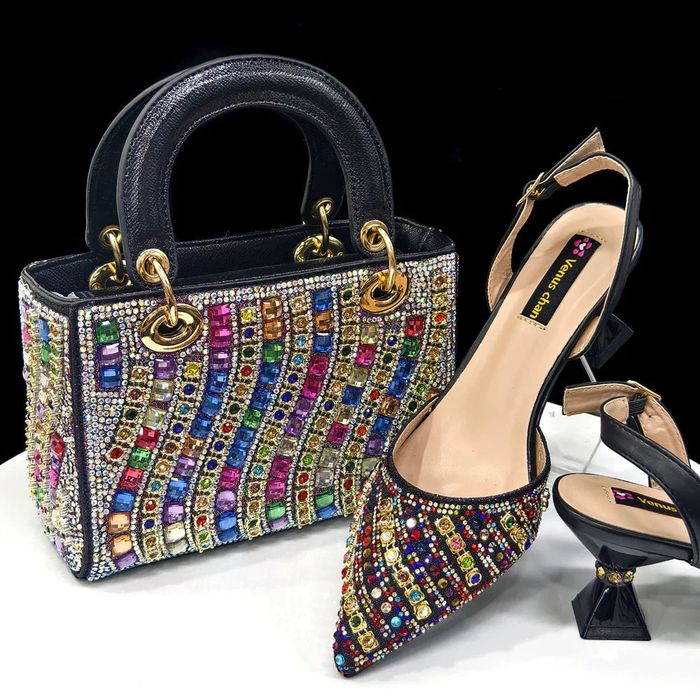 Women's Elegant Heels Rhinestone Handbag Set Italian Design for Weddings
