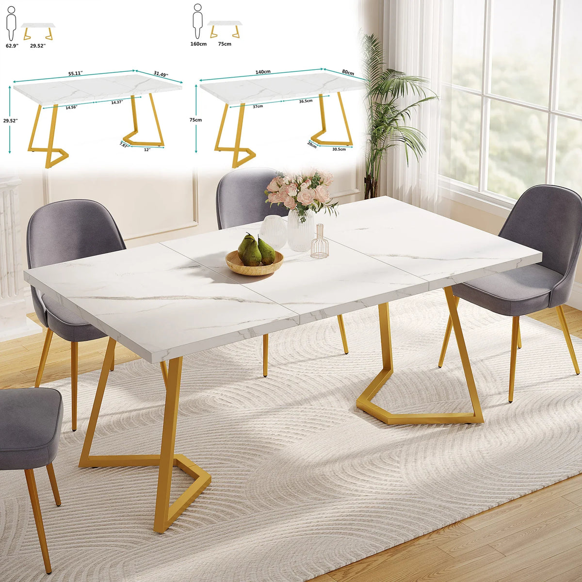 Tribesigns 63-Inch Rectangular Dining Table for 4 to 6, Modern Kitchen Table with Faux Marble Table Top, White Dinner Tables