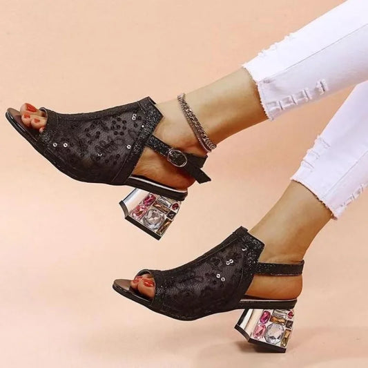 2023 New Women Summer Fashion Mid Heels Peep Toe Shoes for Women Glitter Sandals Ladies Buckle Strap Bling Rhinestone Sandals