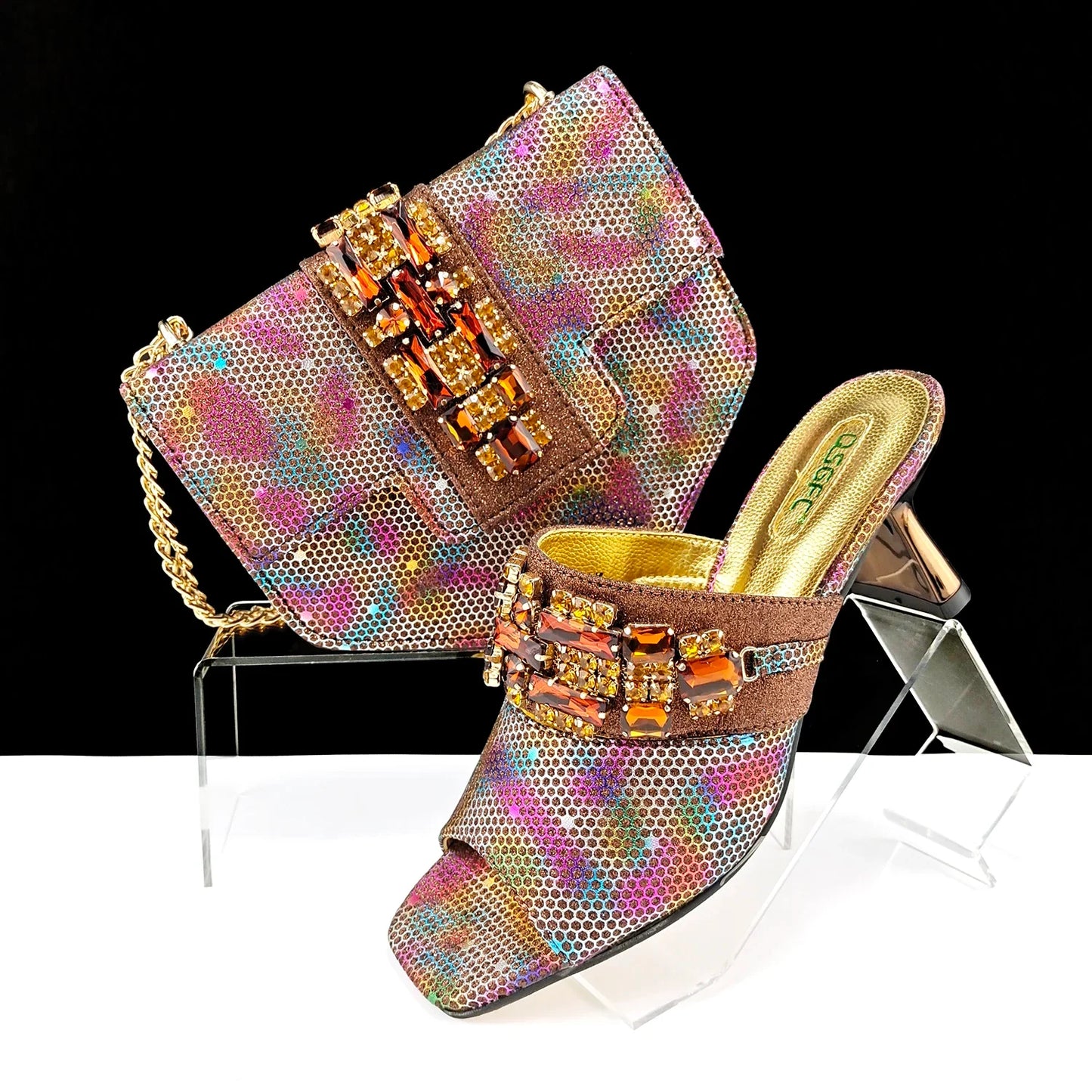 Italian Fashionable Square toe Women Heels Rhinestone Decoration Shoe and Bag set