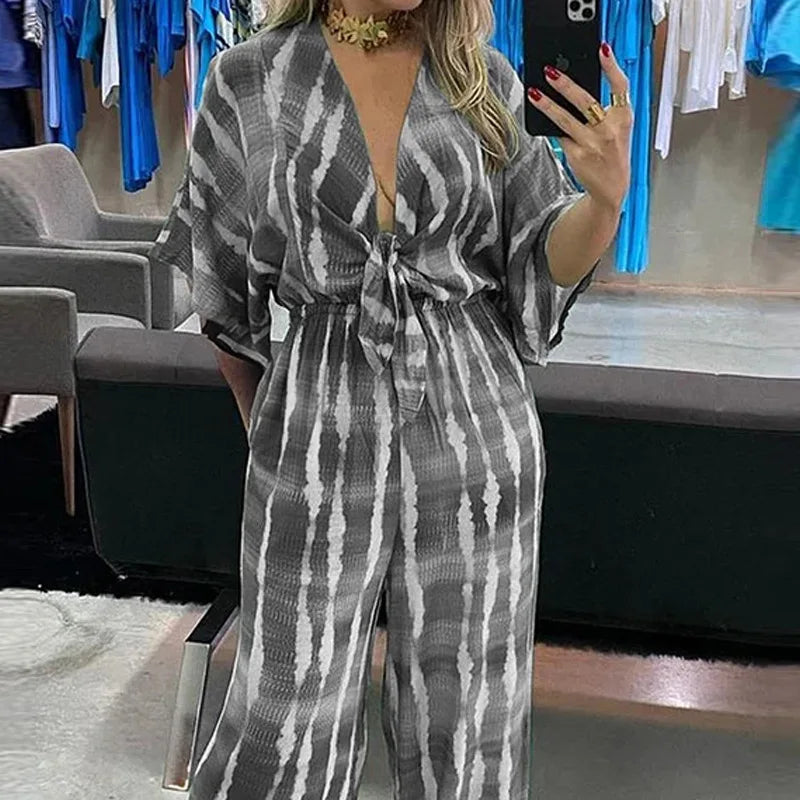 Fashon V-neck Bandhnu Wide Leg Jumpsuits For Women 2024 Summer Causal High Waist Elegant Lace Up Jumpsuit Women