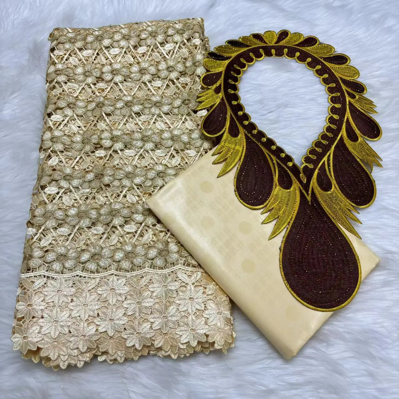 Gold 2.5yards Bazin Riche Fabric with 2.5yards Cotton Lace Embroidery Fabrics and Collar African Materials For Sewing M5-509-1