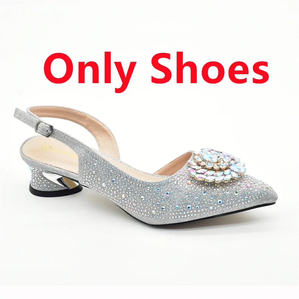 Elegant Italian Women's Rhinstone Pumps Heels Shoes and Bag Set To Match for Weddings and Party