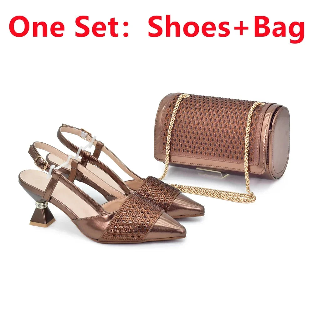 Women's Italian Shoes and Matching Bags Sets Decorated with Rhinestone Fashion