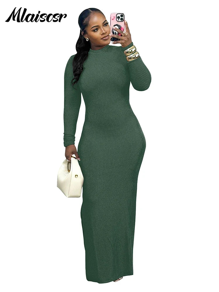 Mlaiscsr Knit Ribbed Elegant Evening Dresses Women Long Sleeve Side Split Slim Bodycon Sexy Birthday Party Prom Fall Winter Robe