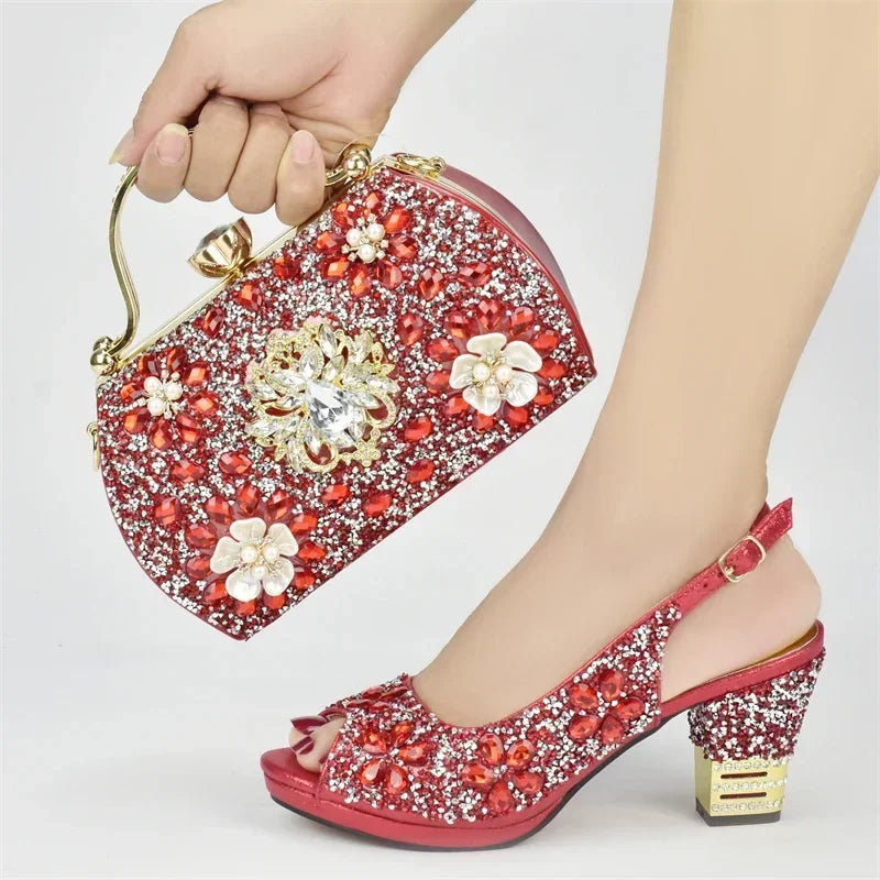 Italian Shoes and Bags Matching Set with Rhinestone Plus Size Shoes Luxury Italian Shoe and Bag Set 2025 Wedding Shoes Bride